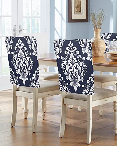 Navy Blue Paisley Chair Back Covers for Dining Chairs 4 Pack, Washable Removable Chair Slipcover Back Chair Protector for Wedding Party Baby Shower Luxurious Modern White Abstract Art Aesthetics