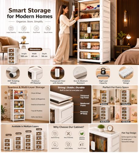 Image of EXVITO Modular Plastic Wardrobe for Bedroom | 4 Tier Foldable Cupboard with Hanging Rod | Stackable Storage Almirah for Clothes with Wheels | Multi-Layer Plastic Storage Cabinet - White