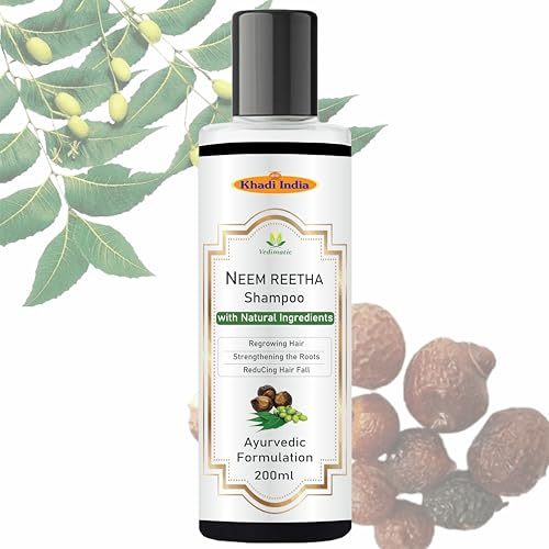 Image of Khadi Vedimatic Khadi Natural Neem Reetha With Saffron, Tulsi Hair Shampoo | Herbal Hair Cleanser for Thick Hair | Anti-Dandruff Shampoo (Pack of 1, Neem Reetha)