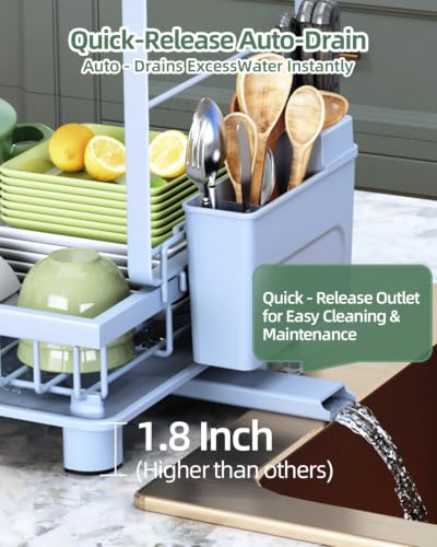 Image of Dish Drying Rack 2-Tier Dish Racks with Drainboard, Rustproof, Space-Saving Dish Rack, Utensil & Cup Holder for Kitchen Counter, Blue