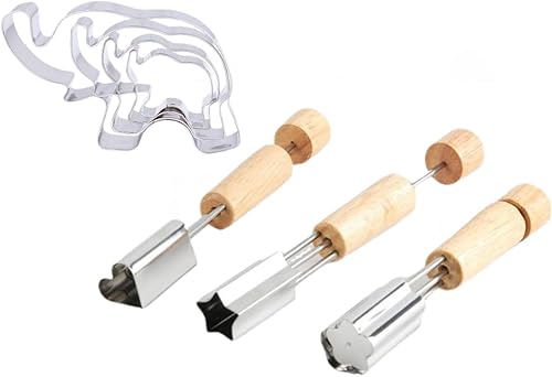 Leadigol Juego de cortador de galletas, 3 piezas de sellos de galletas de prensa a mano, moldes de corte de masa de frutas y verduras con 4 piezas