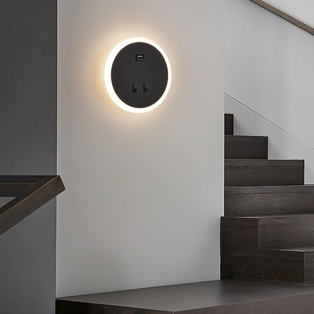 AoLa 12W Okrągła lampa ścienna LED z przełącznikiem i portem USB do ładowania Lampa ścienna do wnętrz 3 kolory 3000K/4000K/6000K Nowoczesna lampka nocna z akrylowym kloszem do sypialni salonu,Black