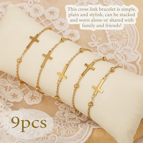BROCC 9PCS Chain Cross Bracelet for Women 18K Gold Plated Cross Chain Charm Bracelets Adjustable Simple Link Chain Bracelets Faith Jewelry3