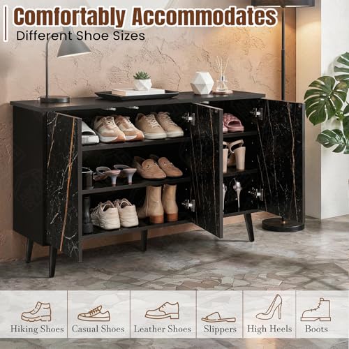 Image of ABOUT SPACE Shoe Cabinet - 3 Tier Shoe Rack with Door | Press Open 3 Door Engineered Wood Shoes Stand for Home | Adjustable Shelf Raised Legs, 15 Pair Chappal Stand |Black & Black Marble