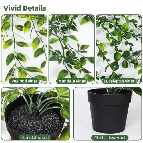 Image of RECUTMS Fake Hanging Plants with Pots 3 Pack Artificial Ivy Vine Fake Potted Eucalyptus Plants Mandala Ivy Vine Leaves Pea Pod Summer Home Room Shelf Wall Indoor Outdoor Wedding Graduation Decor