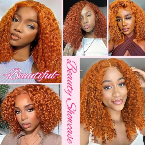 Image of SOEZ 14 Inch Ginger Bob Wig Human Hair 13x4 HD Deep Wave Lace Front Wigs Human Hair 350 Burnt Orange Short Curly Bob Wig Copper Water Wave Human Hair Wig 180% Density Wet Wavy Colored Wig for Women