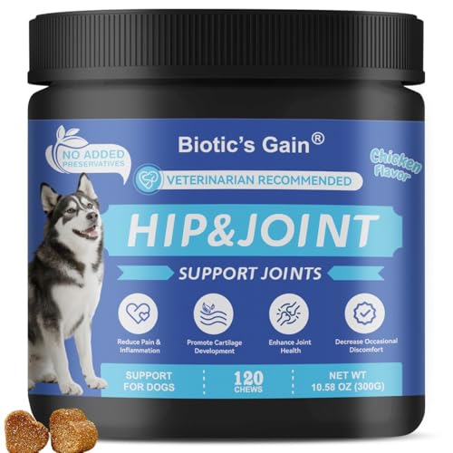 Biotic’s Gain Hip & Joint Soft Chews for Dogs | Glucosamine, MSM, Chondroitin & Turmeric | Hemp Seed Oil for Mobility | Tasty Chews for Senior & Active Dogs (120, Hip & Joint Care)