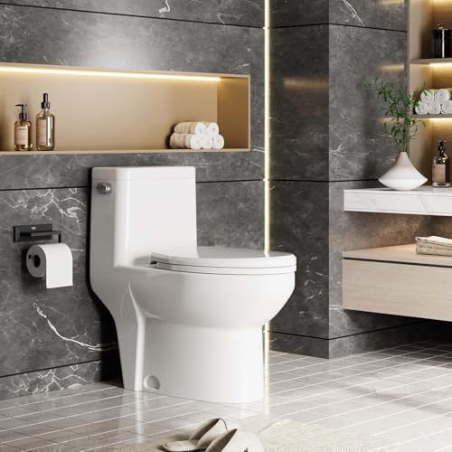 Inodoro de una pieza con diseño cerámico alargado, tapa de polipropileno de cierre suave, superficie fácil de limpiar, descarga eficiente de agua y construcción compacta y duradera miniatura 5