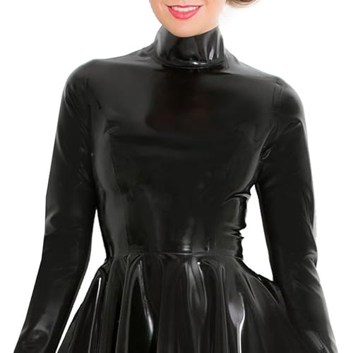 Kangxinsheng Schwarz Hoher Kragen Latex Kleider,Mode Latex Minirock mit Rückseitigem Reißverschluss,Geeignet für Cosplay Kostüme-M