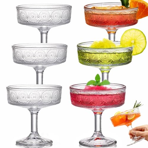 Pumtus Set di 6 bicchieri da cocktail vintage da 200 ml, in vetro goffrato, fluted, fluted, bicchieri da cocktail trasparenti, bicchieri romantici per cocktail, vino e champagne