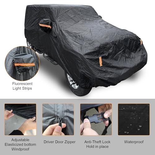 Image of Winunite Waterproof Car Cover Compatible with Jeep Wrangler 4XE CJ YJ TJ JK JKU JLU JL Unlimited 4 Door 1965-2023 Custom-fit Covers for Snow Rain Dust Hail Protection with Zipper Door, Black