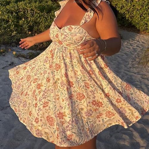 Image of Women Y2k Tie Shoulder Mini Dress Sleeveless Flowy Babydoll Dress Boho Floral Aline Short Sundress