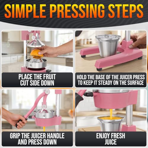 Image of Cast Iron Juicer Hand Press, Heavy-Duty Squeezer (Pink) | Lever Manual Citrus Press Juicer & Orange Squeezer for Lemon, Lime & Lemonade; Steel Cone & Strainer; for Home or Bar