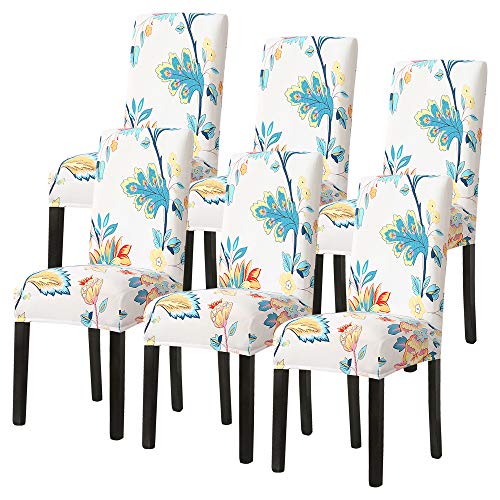 Fundas para Sillas Pack de 6 Fundas Sillas Comedor Fundas Sillas de Comedor Elásticas,Fundas de Estampada para Silla,Cubiertas de la sillas,Extraíbles y Lavables-Decor Restaurante(Flor,6 Piezas)