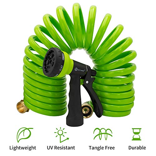 Image of AUTOMAN EVA Recoil Garden Hose 25ft - Includes 7 Pattern Spray Nozzle,Curly Water Hose 25 Foot,Watering Hose Coil,Retractable,Corrosion Resistant Garden Coil Hose.Green
