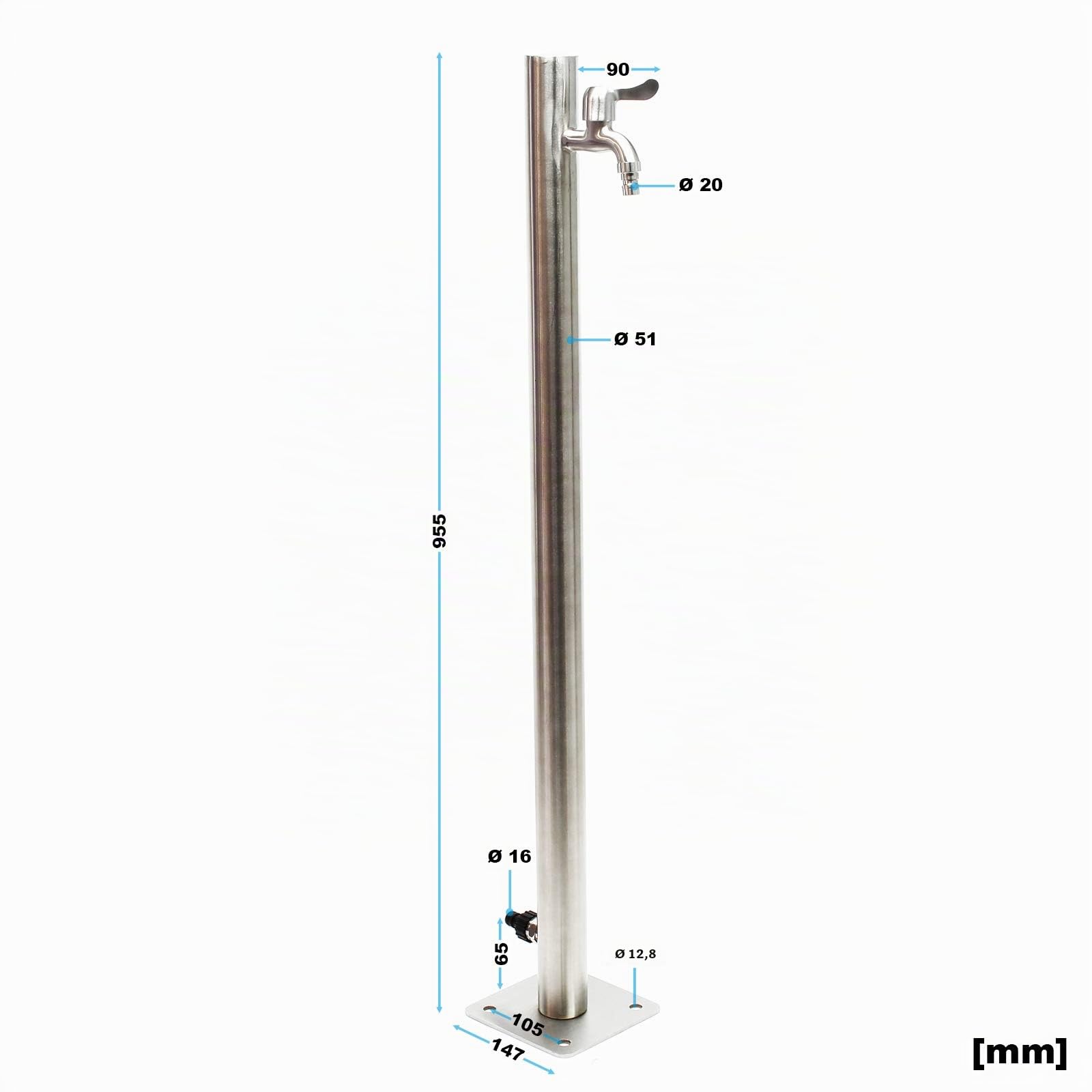 Wiltec Colonne d’eau - en Acier inoxydable - 95,5 cm - Forme ronde - avec Robinet d’eau & Raccord Résistant aux UV et au Gel - Point d'eau Distributeur extérieur Puits pour Jardin Jardinage