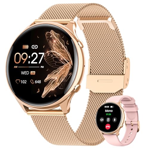 AIMIUVEI Reloj Inteligente Mujer con Llamadas 5.3, 1.39' Smartwatch con Función Femenina, 120+ Modos Deportes, Pulsómetro, SpO2, Sueño, Caloría, Whatsapp, Podómetro Android iOS Oro, Regalo