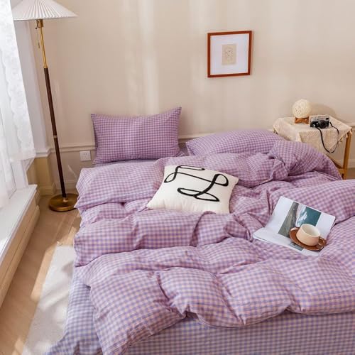 Image of mixinni Purple Gingham Grid Duvet Cover Full, 100% Washed Cotton Modern Geometric Bedding Set with 2 Pillowcases, Farmhouse Style Yellow Plaid Comforter Cover Set for Men & Women, Soft & Lightweight