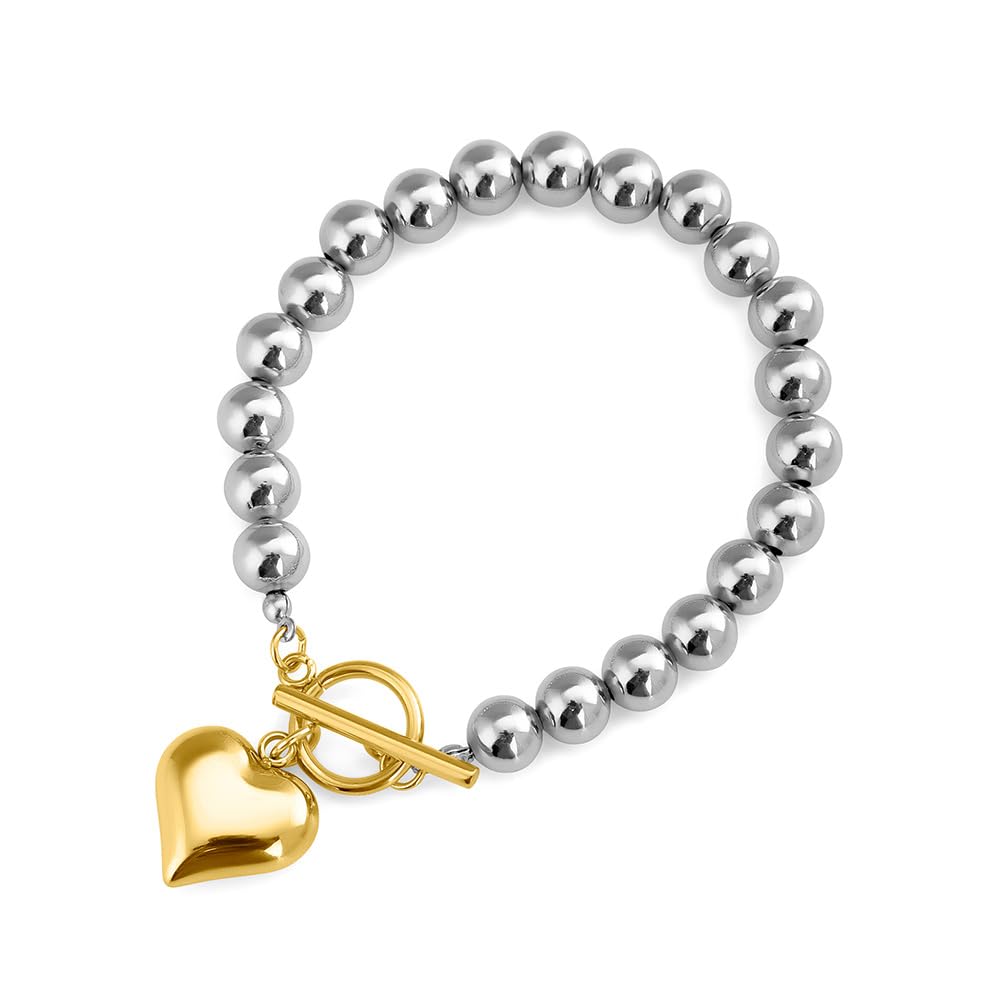 18k Multi Tone Plated Silver Bead with Gold Heart Charm Bracelet for Women - Gift for Girls & Women | Waterproof & Anti-Tarnish Bracelet-image-2
