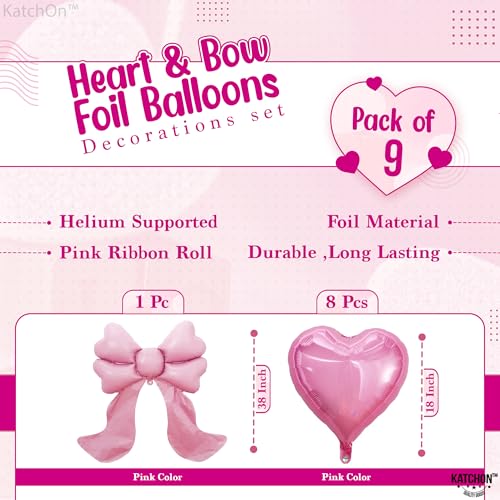 Image of KatchOn, Heart & Bow Balloons Set Pack of 9 Pink | Valentines Day Decorations Party | Heart Shaped Balloons, Pink Bow Balloons Pink | Valentine Decorations| Valentines Day Balloons