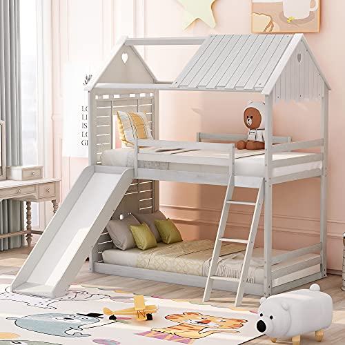 KLMM Bunk Bed for Kids Toddlers, Twin Over Twin Bunk Bed with Slide, Wood Playhouse Bed Farm with RoofWindowGuardrailLadder, for GirlsBoys (Antique White + Wood)…