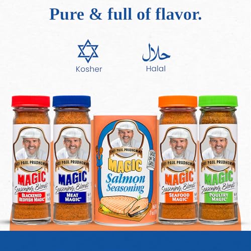 Chef Paul Magic Seasoning Blends Variety Pack | Blackened Fish & Meat Spices | seasonings & Spices for cooking | 2 Oz. Poultry, Blackened Redfish, Meat, Seafood | 7 Oz. Salmon Seasoning (Total 5 Pack)