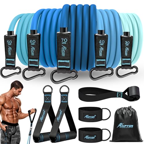 HPYGN Fitness Resistance Bands, Adjustable Up to 250lbs, with Door Anchor and Ankle Straps, Portable Home Gym for Strength Training, Muscle Building, Physical Therapy, Shape Body