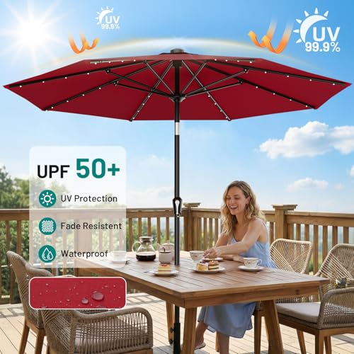 Image of AreShark 9FT Patio Umbrella with Solar Lights, 32 Lighted Pool Umbrella w /Tilt and Crank, Outdoor Market Solar Umbrellas for Garden, Deck, Backyard, Pool and Beach, Dark Red