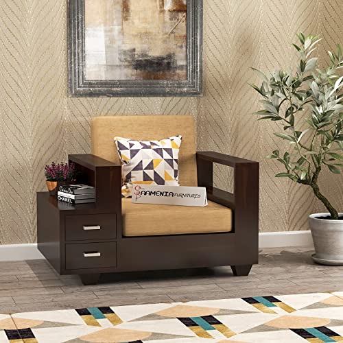 Image of Sheesham Wood Single Seater Sofa | 1 Seater Sofa with 2 Drawer Storage | Wooden Sofa Set Furniture for Living Room Home Office (Walnut)