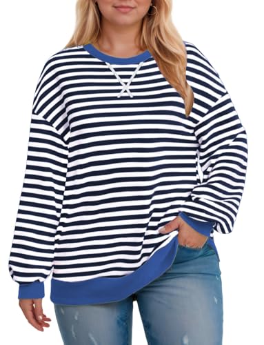 Image of ROSRISS Womens-Plus-Size-Oversized-Sweatshirts Striped Colorblock Long Sleeve Shirts Casual Crewneck Pullover Sweaters XL-5XL