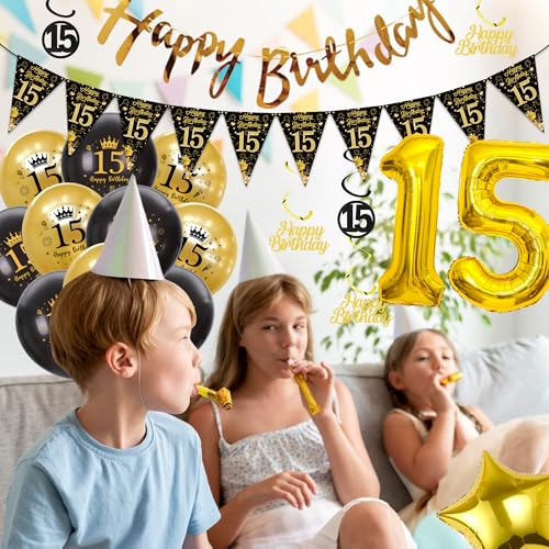 Xietaea Deko 15 Geburtstag Jungen Mädchen - Schwarz Gold Luftballons Happy Birthday Girlande Tortendeko, XXL Zahlenballon Hängende Spiralen und Wimpel für 15 Jahre Geburtstagsdeko