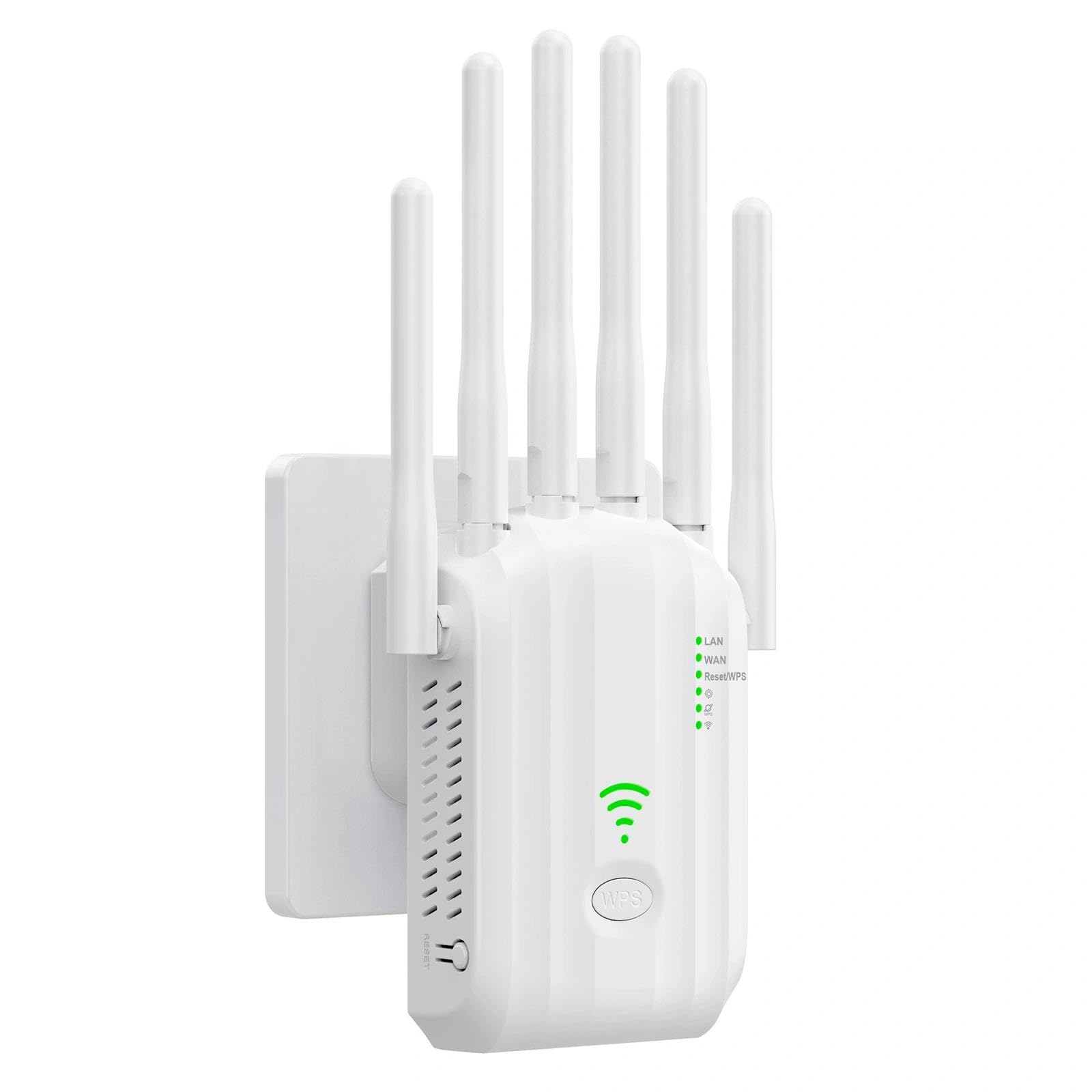 Amplificatore WiFi 1200 Mbps per Casa, Ripetitore Segnale WiFi 2.4GHz/5GHz con 6 Antenne ad Alto Guadagno, Porta LAN Gigabit, Modalità Router/AP, WPS, per Streaming Gaming Online Senza Interruzioni