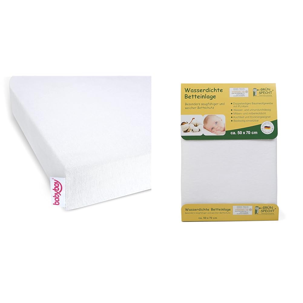 babybay Jersey Spannbetttuch Deluxe & GRÜNSPECHT wasserdichte Betteinlage 50x70cm, Matratzenschutz