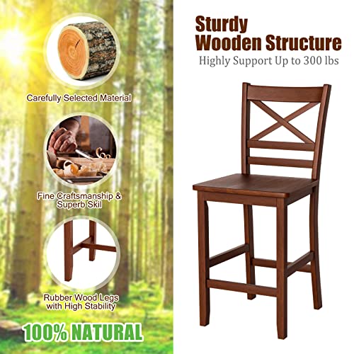 Conjunto de 2 butacos de madera para barra de 25 pulgadas de COSTWAY con respaldo laminado | Madera de caucho maciza, butacos rústicos antiguos con respaldo alto y reposapiés, para isla de cocina, restaurante, cafetería y espresso miniatura 7
