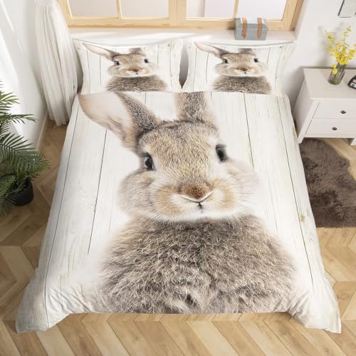 Homewish Brown Rabbit Duvet Cover Rustic Farmhouse Wooden Background Bedding Set Super King Cute Woodland Animal Comforter Cover For Kids Boys Girls Wild Bunnies Quilt Cover With Zipper 3 Pcs