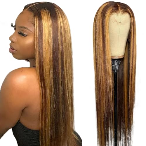 Zeslaerr 5x5 Lace Front Human Hair Wig P4/27 Highlight Chocolate with Honey Blonde Real Unprocessed Transparent Lace Glueless Virgin Hair Straight wigs For Women 16 Inch