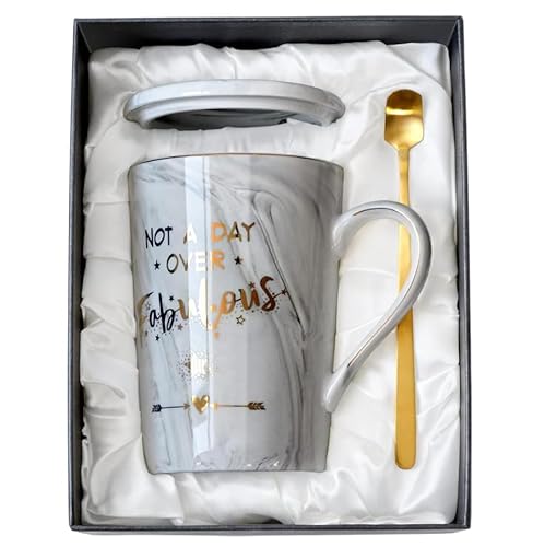 Doublewhale Birthday Presents for Mothers Day for Women, Not A Day Over Fabulous Mug, Gift for Her, Friend, Sister, Dad, Mum, Teacher, 14Oz Grey Marble Coffee Mug with Lid, Spoon, Greeting Card, Gift Boxed