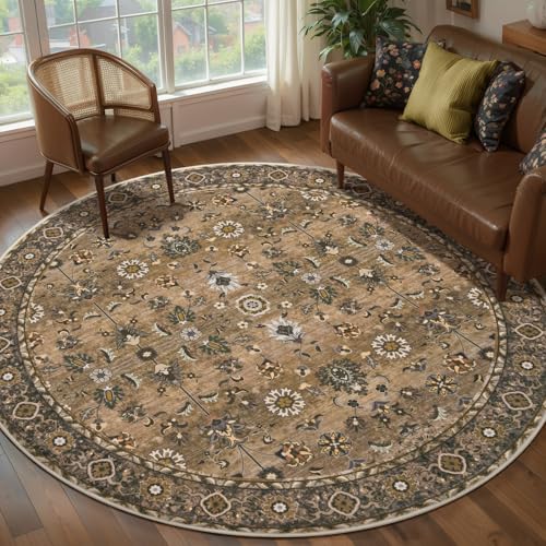 Image of Tangsoo Washable Round Area Rugs 5ft, Vintage Non Slip Circle Rug Brown