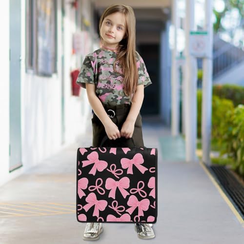 Image of Pink Bow Black Zipper Binder Bag 3 Ring Binder with Shoulder Strap Zip Up 500 Sheets Capacity Multi Pockets for School Office Supplies
