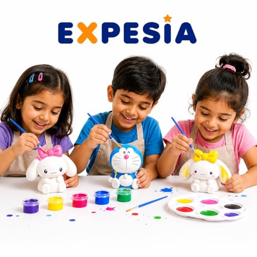 Image of EXPESIA DIY Paint Your Own Cute Character Figurines Kit for Kids, 4 Plaster Figurines with 6 Paint Colours & Brush, Creative Art & Craft Activity Set, Ages 4+ (Cartoon)