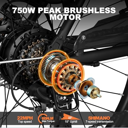 Image of ACTBEST Core Electric Bike for Adults - 468Wh Removable Battery, 26 inch Step Thru Electric Bicycle, Peak 750W Brushless Motor Ebike, with 7 Speed, Up to 50 Miles, Black with Front Basket