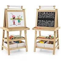 COSTWAY 3 in 1 Kids Art Easel, Double-Sided Blackboard and Magnetic Whiteboard Easels with Paper Roll, Storage Boxes & Racks, Children Educational Toys Gift