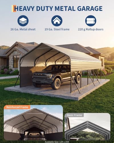 Image of GarveeLife 12x25x9 ft Metal Carport Oversized, Enclosed Car Ports | Removable 220 g Tarp / Gable End Doors and Sidewalls, for Sedans, Boats, and Tractors