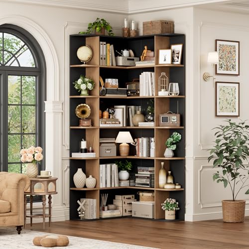 FOTOSOK 74” Tall Corner Bookshelf, 6-Tier Bookshelf...