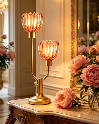 Image of Lightdot Flower Table Lamp Vintage Pink Glass Lamp Bulbs Included Dimmable | Nightstand Lamp Mid Century Modern Gold Desk Lamp Warmwhite Ambient Bedside Lamps for Living Room Bedroom Home Decor Gift