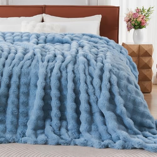 Lotus Karen Faux Fur Throw Blanket Sky Blue - Big Bubble Rabbit Fluff Blanket for Couch Bed Sofa,Softest Fluffy Fuzzy Cozy Blanket,Thick Furry Plush Shaggy Warm Blankets for Women,90x90 Inches