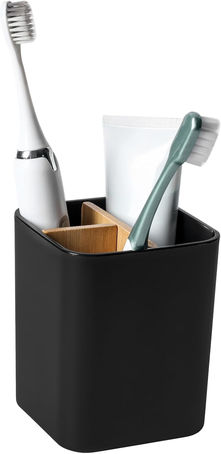 Heagoale 3-Slot Bamboo and Plastic Compact Toothbrush Holder