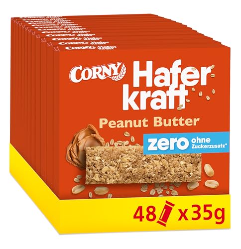 Haferriegel | Corny Haferkraft Zero Peanut-Butter | Veganer Müsliriegel ohne Zuckerzusatz | Mit Erdnussbutter | Energiereicher Snack für unterwegs | 48x35g