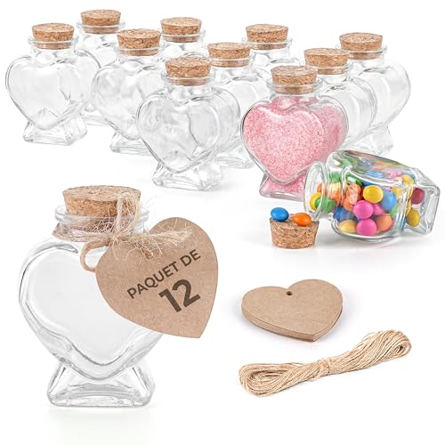 Winter Shore Mini Bouteille en Forme de Cœur de 70 ml Avec Bouchons en Liège, Étiquettes & Ficelles (Lot de 12) - Fiole en Verre Décorative - Petite Fiole...