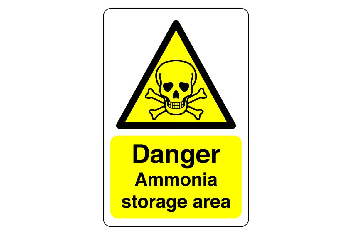 Danger Ammonia storage area sign - 3mm Aluminum Dibond high-visibility and durability for indoor/outdoor usage (400mm x 300mm) Ensures Safety Within 14m Viewing Distance.